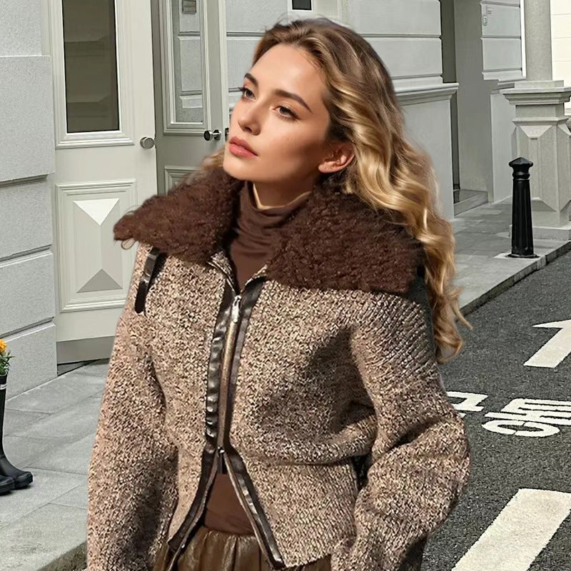 Damen Strickjacke mit kontrastierendem Kragen und seitlichem Reißverschluss R&B