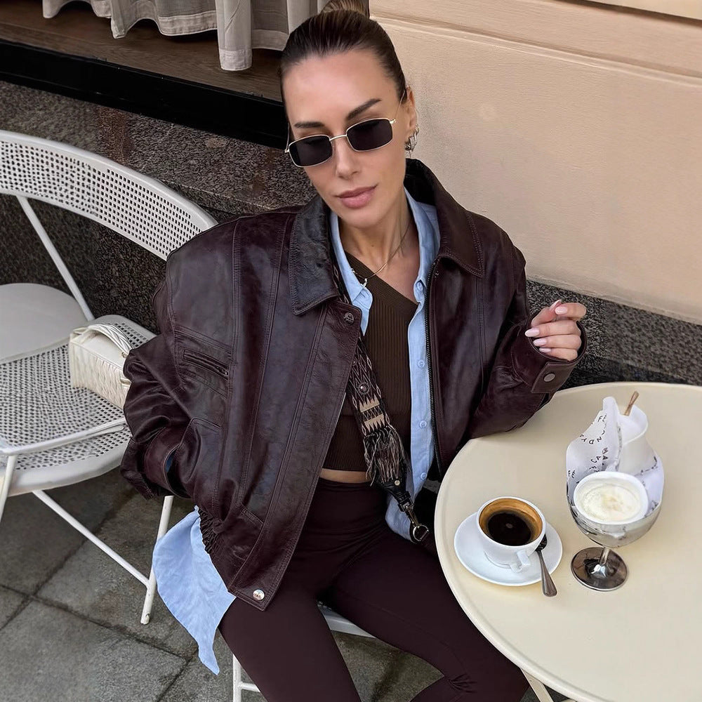 Damen lässige Kunstlederjacke mit oversized Schnitt und praktischen Taschen R&B