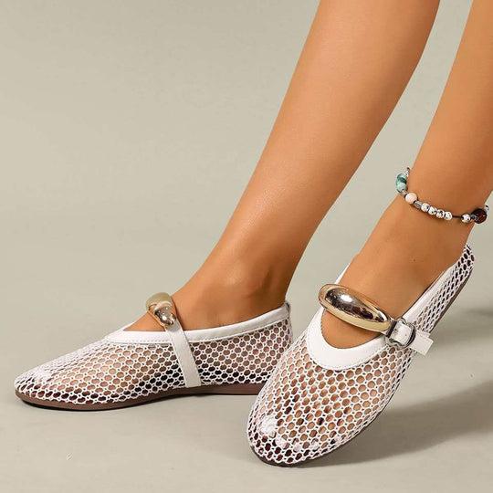 Damen atmungsaktive Mesh-Ballerinas mit dekorativen Schnallen und rutschfester Sohle R&B