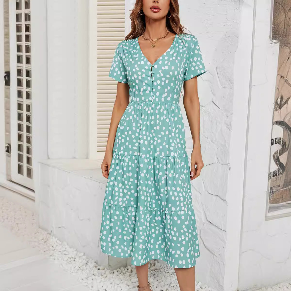 Damen Midi-Kleid mit knopflosem V-Ausschnitt und voluminösem Rock R&B