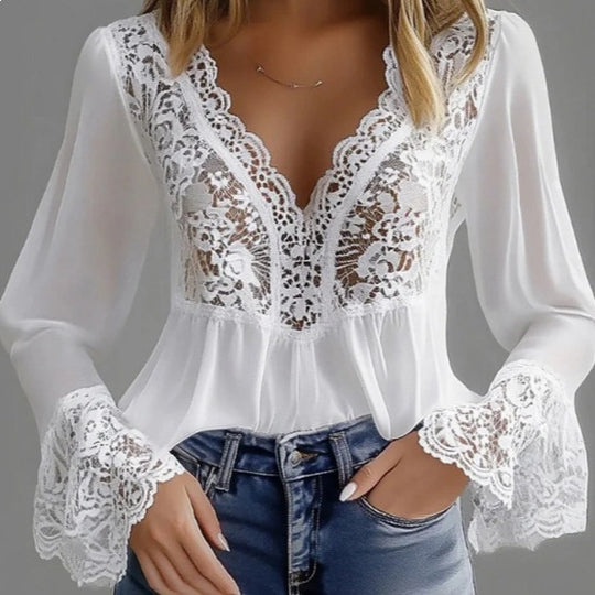 Damen elegante Bluse mit Spitzendetails und gerafftem Saum R&B