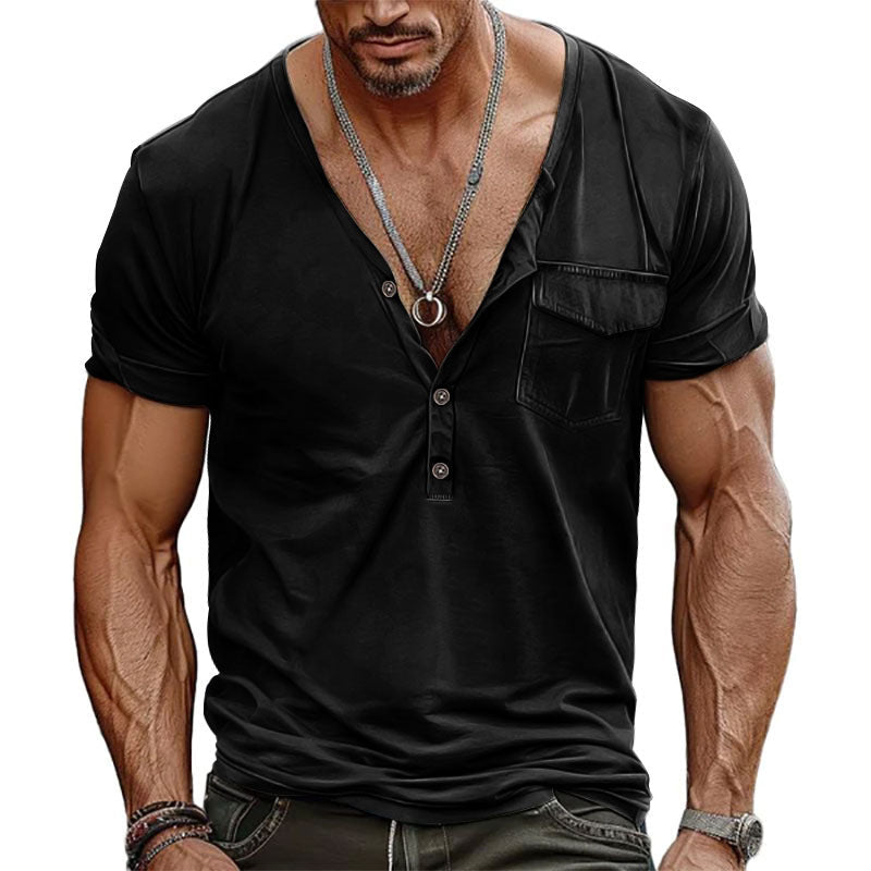 Herren Kurzarm-Henley-T-Shirt mit dekorativer Brusttasche und modernem Schnitt R&B