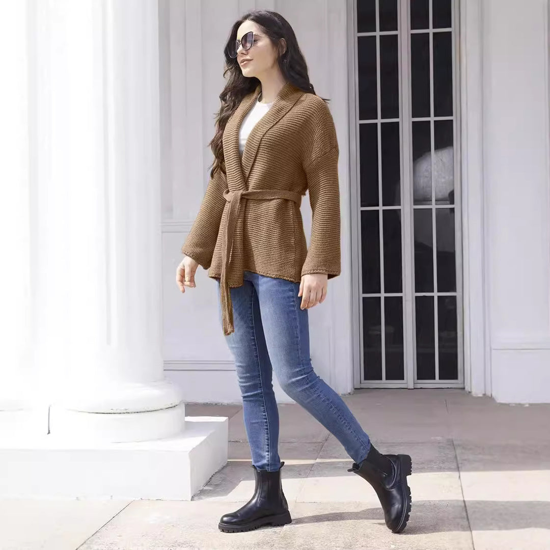 Damen Strickjacke mit Bindegürtel und lässigem Schnitt R&B