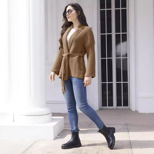 Damen Strickjacke mit Bindegürtel und lässigem Schnitt R&B