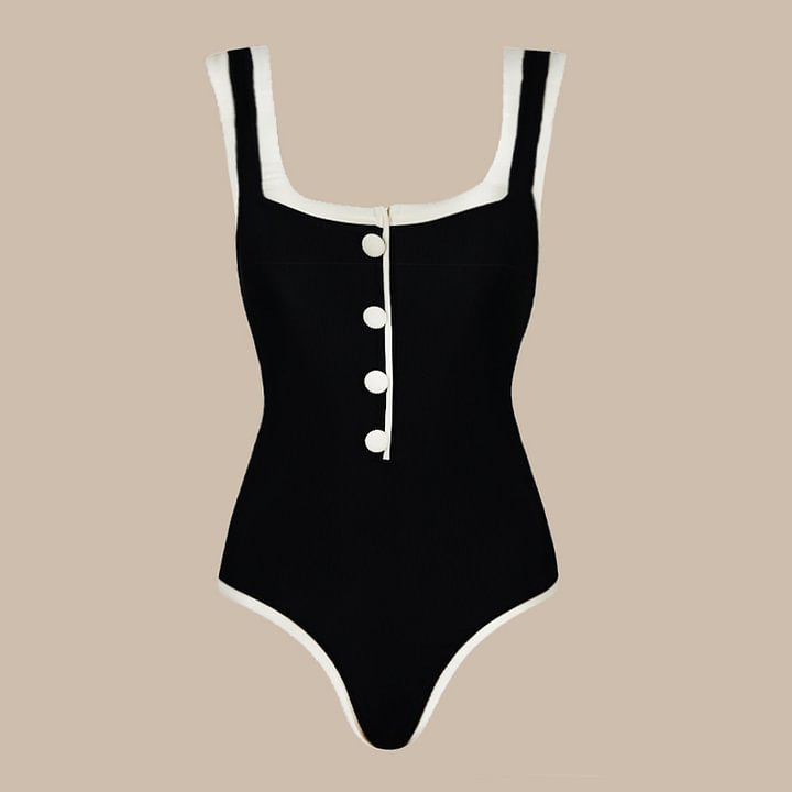 Damen einteiliger Badeanzug mit klassischen Knopfdetails R&B
