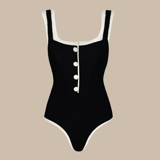 Damen einteiliger Badeanzug mit klassischen Knopfdetails R&B