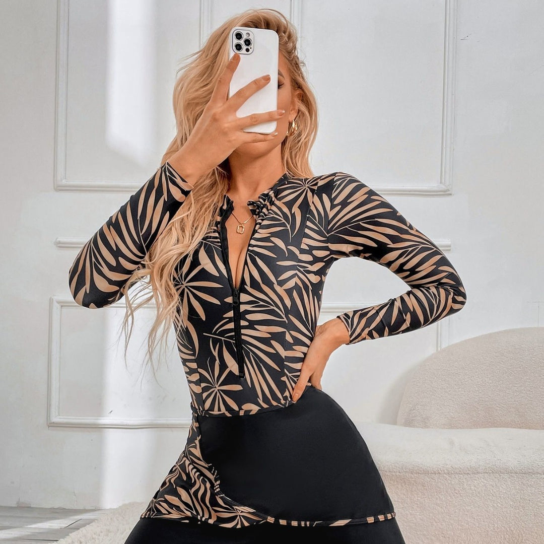 Damen Sportlicher Langarm-Badeanzug mit floralem Muster R&B