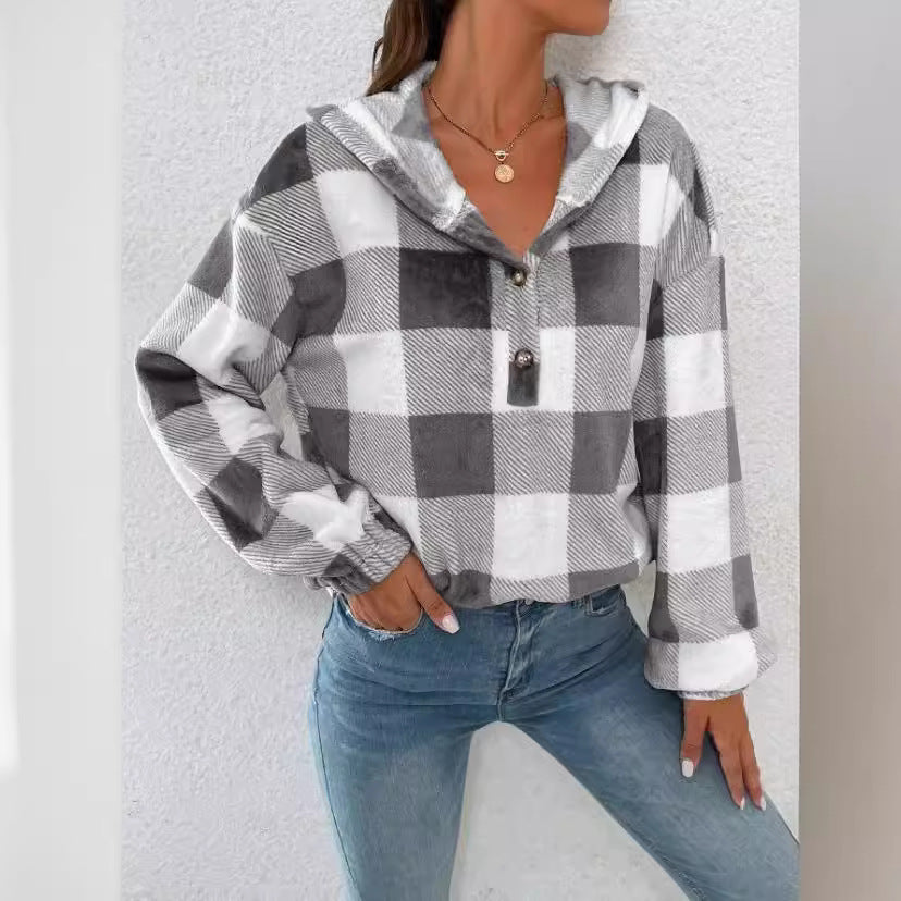 Damen Gemusterte Karo-Hoodie-Bluse R&B