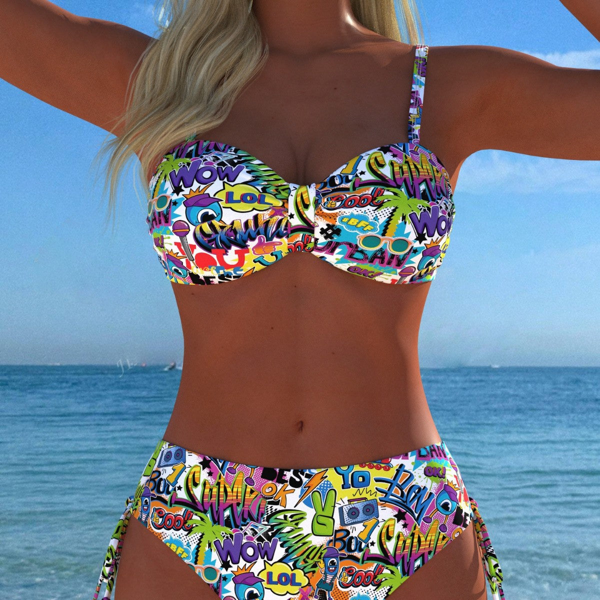 Damen Bandeau-Bikini mit hoch taillierten Höschen und lR&Bhaftem Paisleymuster R&B