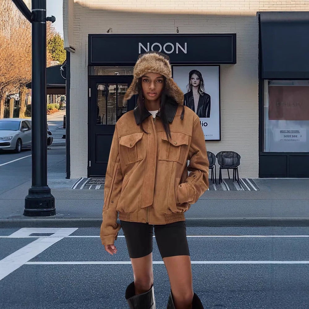 Damen Trendige Suede Jacke mit abnehmbarem Pelzkragen R&B