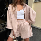 Damen Lässiges Zweiteiliges Set aus leichtem Baumwollmaterial mit oversized Hemd und Shorts R&B