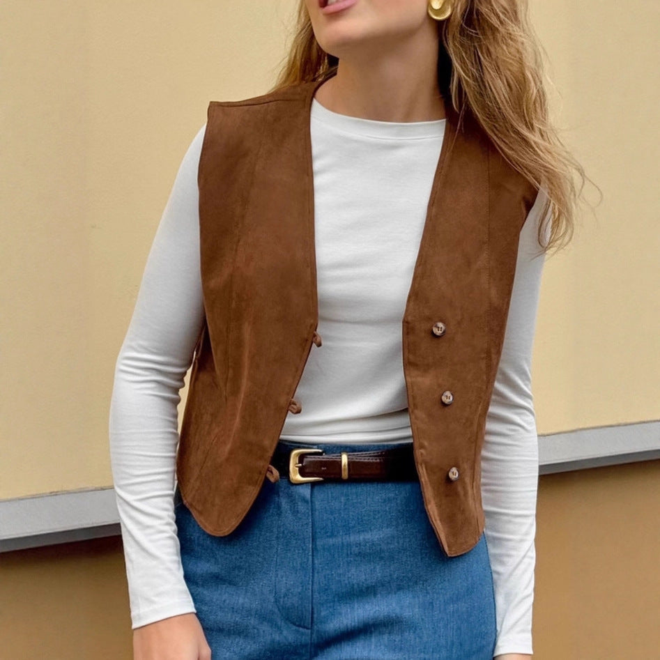 Damen Modische Wildlederweste mit eleganten Knopfdetails R&B