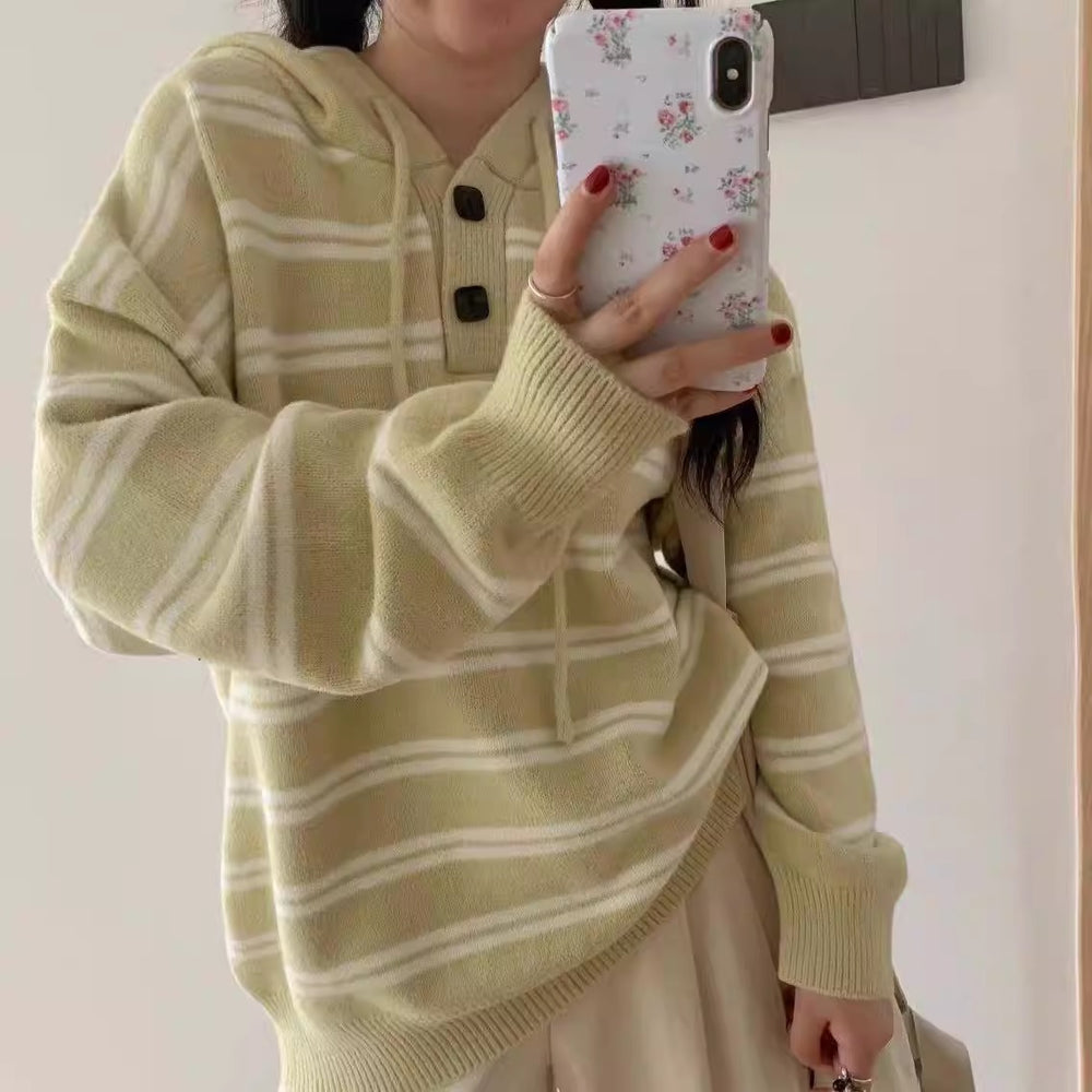 Damen lässiger Streifenpullover mit Knopfleiste und Kapuze R&B