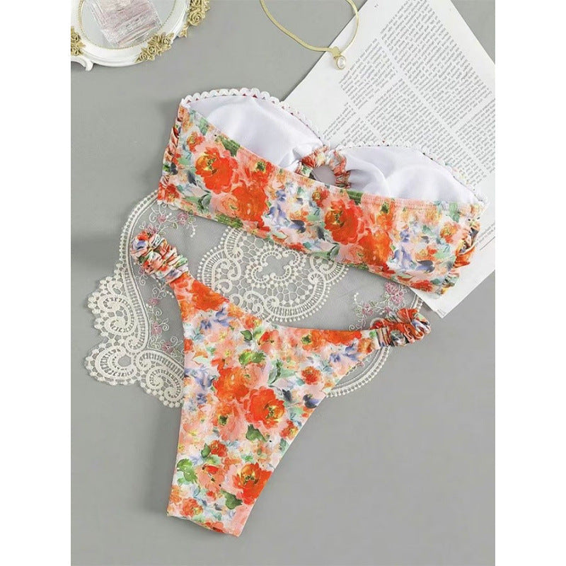 Damen Bandeau-Bikini mit romantischem Rüschendesign und verführerischem Blumenmuster R&B
