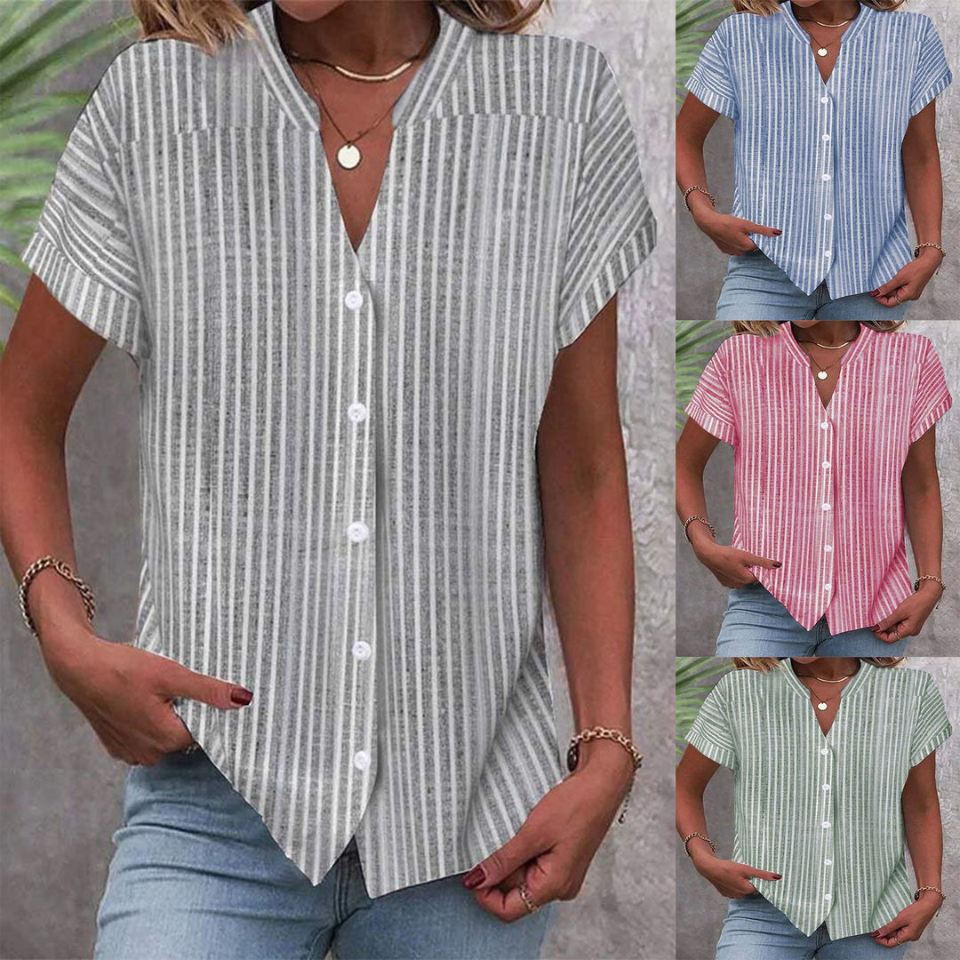 Damen Kurzarm-Bluse mit V-Ausschnitt und Streifenmuster R&B