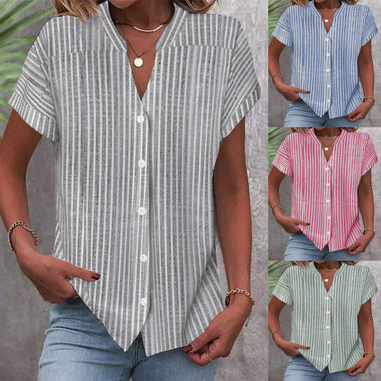 Damen Kurzarm-Bluse mit V-Ausschnitt und Streifenmuster R&B