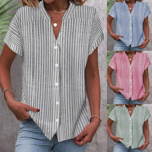 Damen Kurzarm-Bluse mit V-Ausschnitt und Streifenmuster R&B