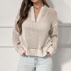 Damen lockerer Strickpullover mit Reißverschluss und luftiger Maschenstruktur