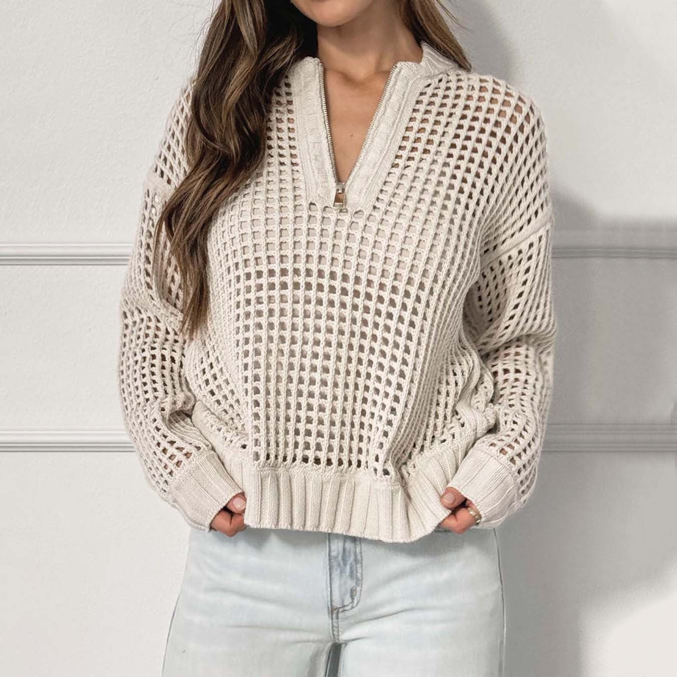 Damen lockerer Strickpullover mit Reißverschluss und luftiger Maschenstruktur