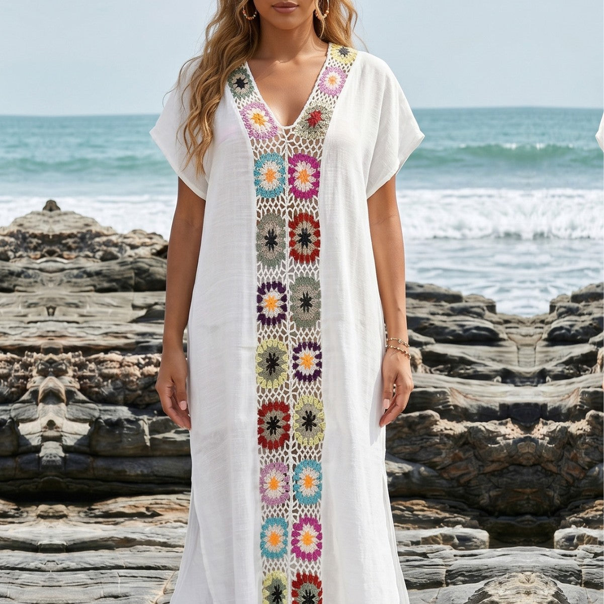 Damen Häkel-Strandkimono mit floralem Patchwork-Design R&B
