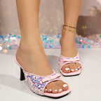 Damen Glamouröse Plateau-Pantoletten mit glitzerndem Obermaterial und dekorativen Details