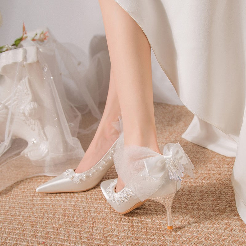 Damen Elegante High Heels mit zartem Spitzen- und Schleifendetail R&B