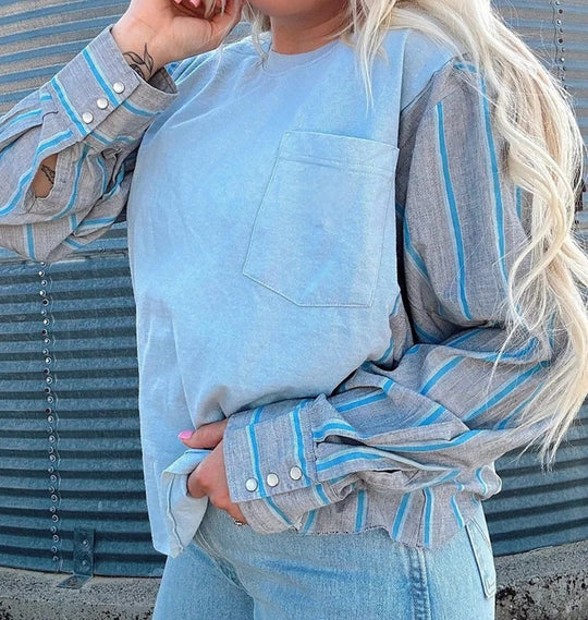 Damen nan Langarmshirt im Lagenlook mit Brusttasche und gestreiften Hemdärmeln R&B
