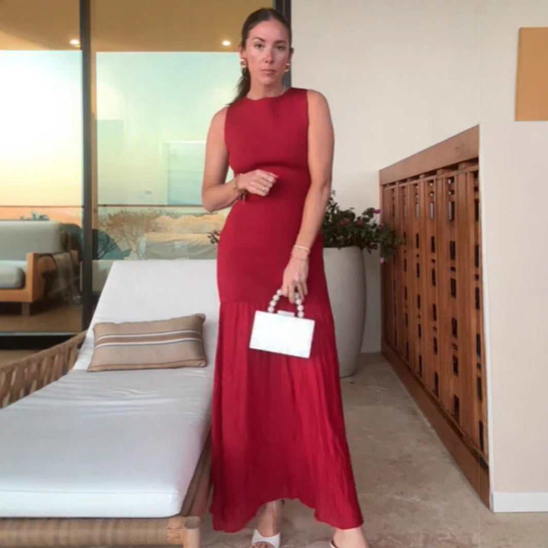 Damen ärmelloses Maxikleid mit elegantem Rüschensaum R&B