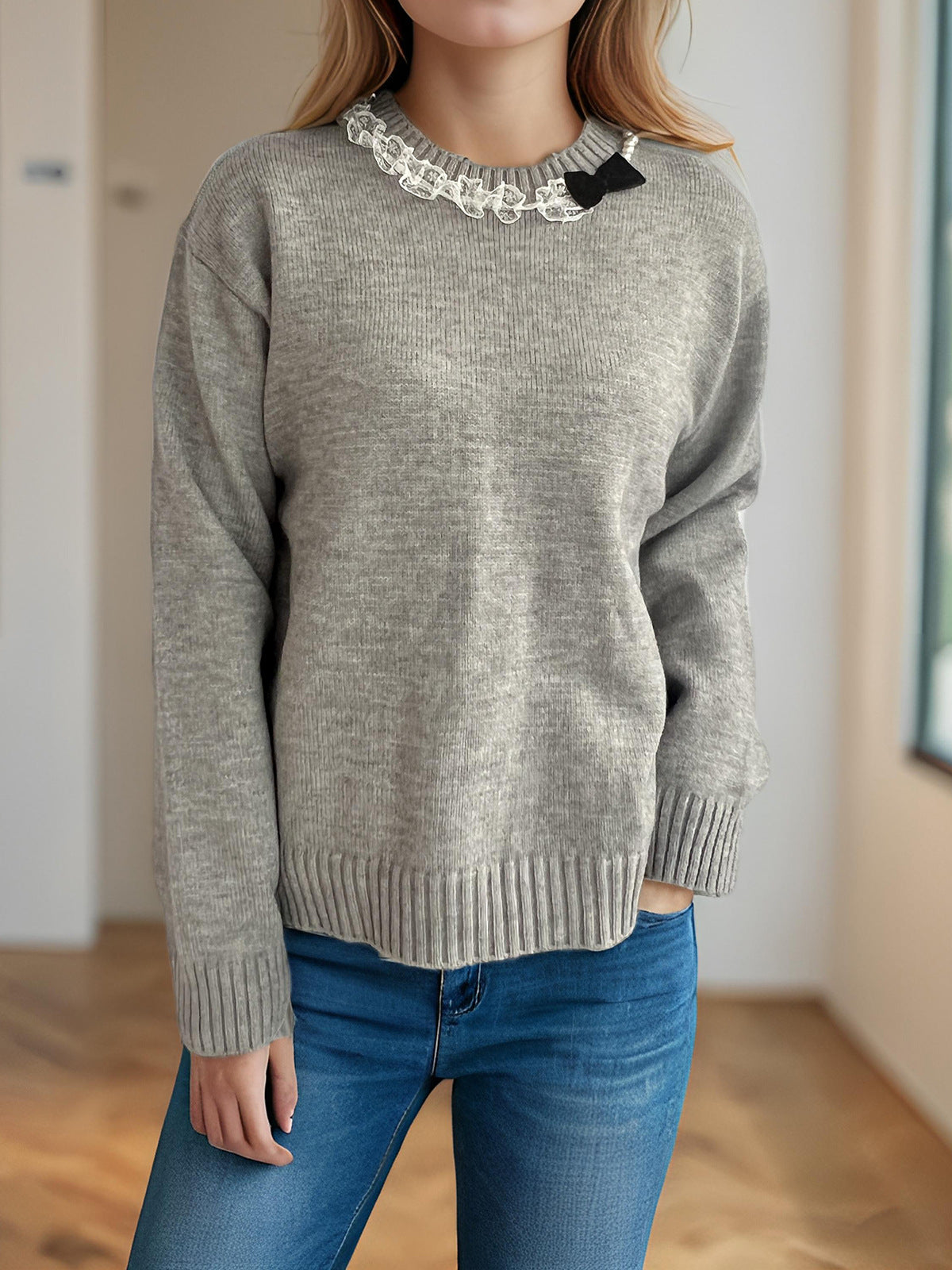 Damen lässiger Pullover mit dekorativem Kragen R&B