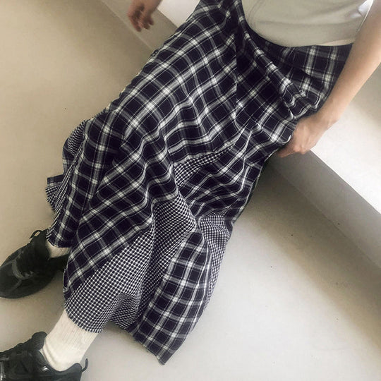 Damen Eleganter Maxirock mit kontrastierenden Karomustern und seitlichen Schlitzen R&B