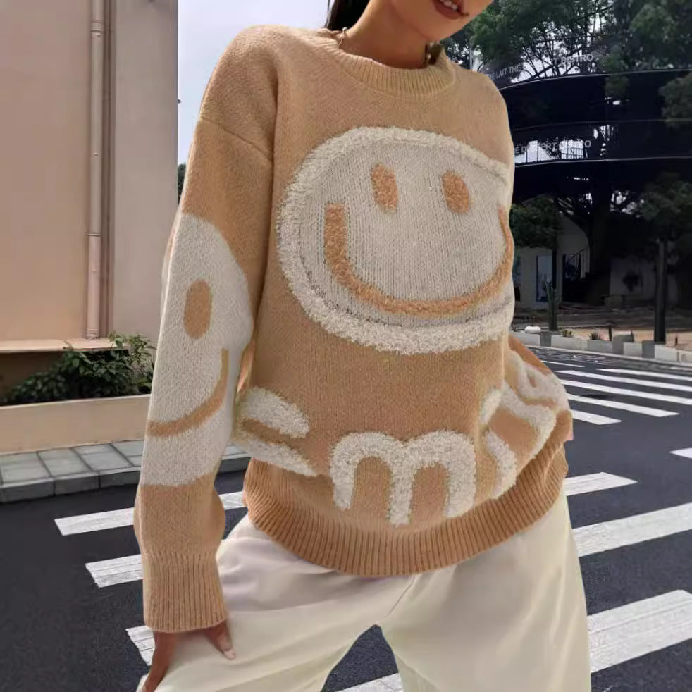 Damen Strickpullover mit fröhlichem Emoji-Motiv und komfortablem Schnitt R&B