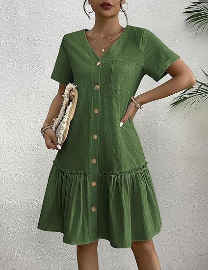 Damen lässiges Hemdblusenkleid mit Knopfdetail und ausgestelltem Rock R&B