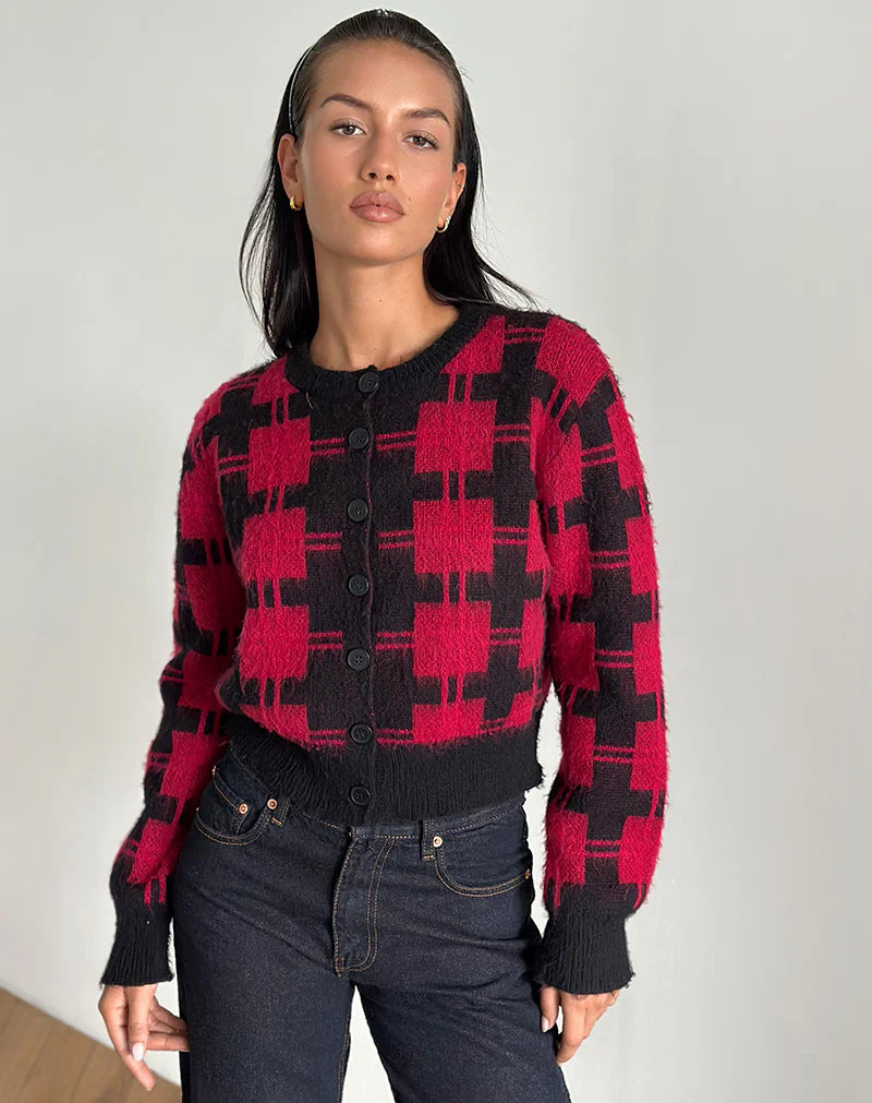 Damen cropped Strickjacke mit modernem Karomuster und knöpfbarem Design R&B