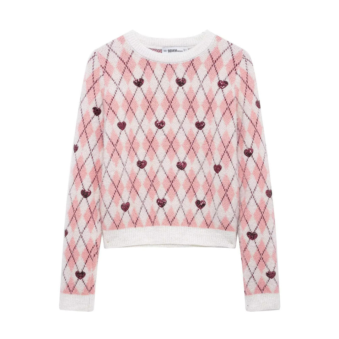 Damen Pullover mit herzförmigem Pattern und Glitzerelementen R&B