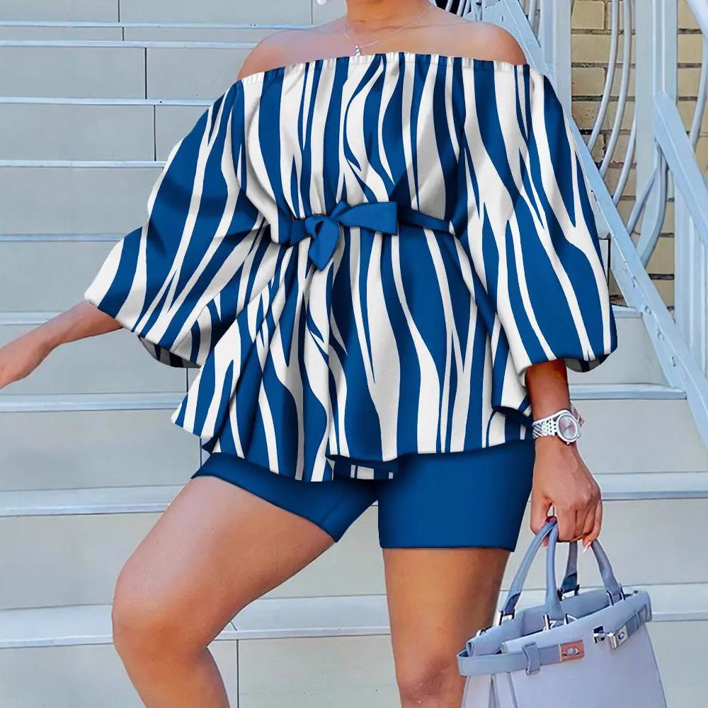 Damen Off-Shoulder Tunika mit weiten Ärmeln und elastischem Taillenband R&B