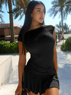 Damen Kurzarmkleid mit asymmetrischem Schnitt R&B