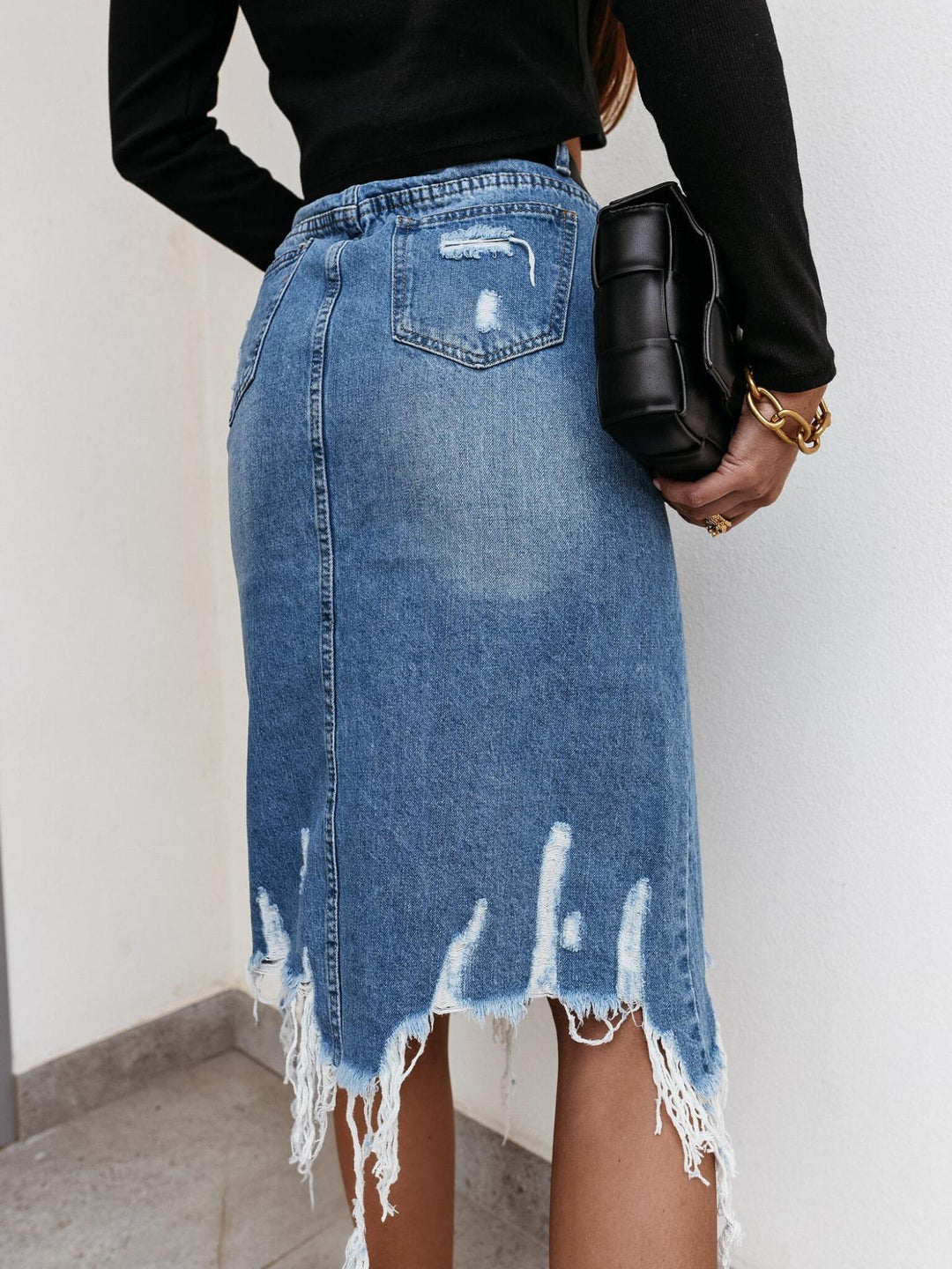 Damen Jeansrock mit ausgefransten Säumen und dekorativen Rissen R&B