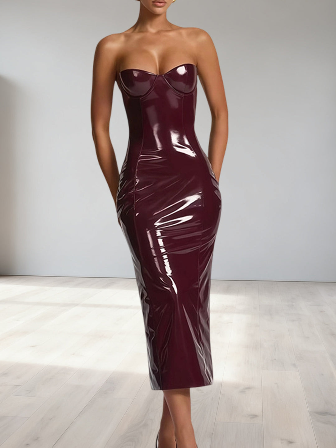 Damen Bodycon-Kleid mit trägerlosem Design und glänzender Oberfläche R&B