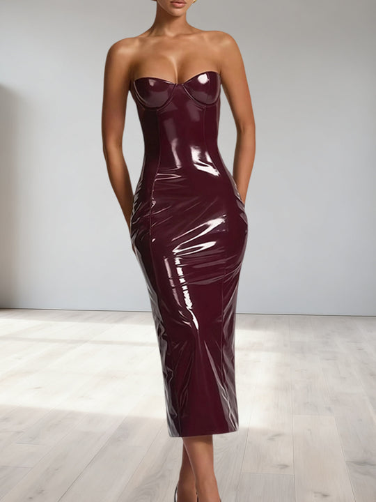 Damen Bodycon-Kleid mit trägerlosem Design und glänzender Oberfläche R&B