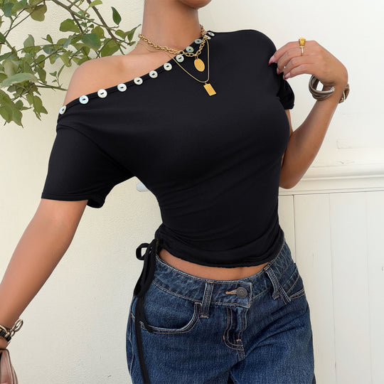 Damen Off-Shoulder Oberteil mit Rüschen und dekorativen Knöpfen R&B