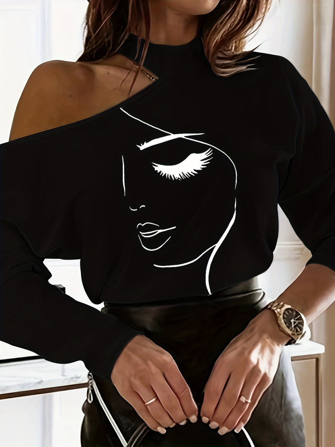 Damen Designer Off-Shoulder Shirt mit stylischem Gesichtsdruck R&B