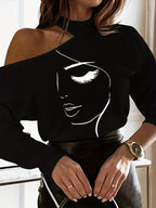 Damen Designer Off-Shoulder Shirt mit stylischem Gesichtsdruck R&B