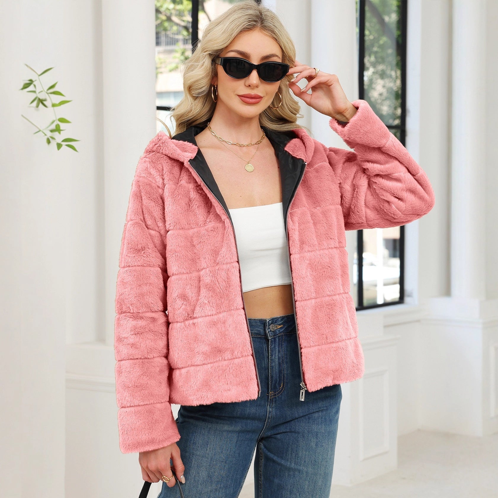 Damen Kuschelige Oversized-Fleecejacke mit Reißverschluss und Kapuze R&B