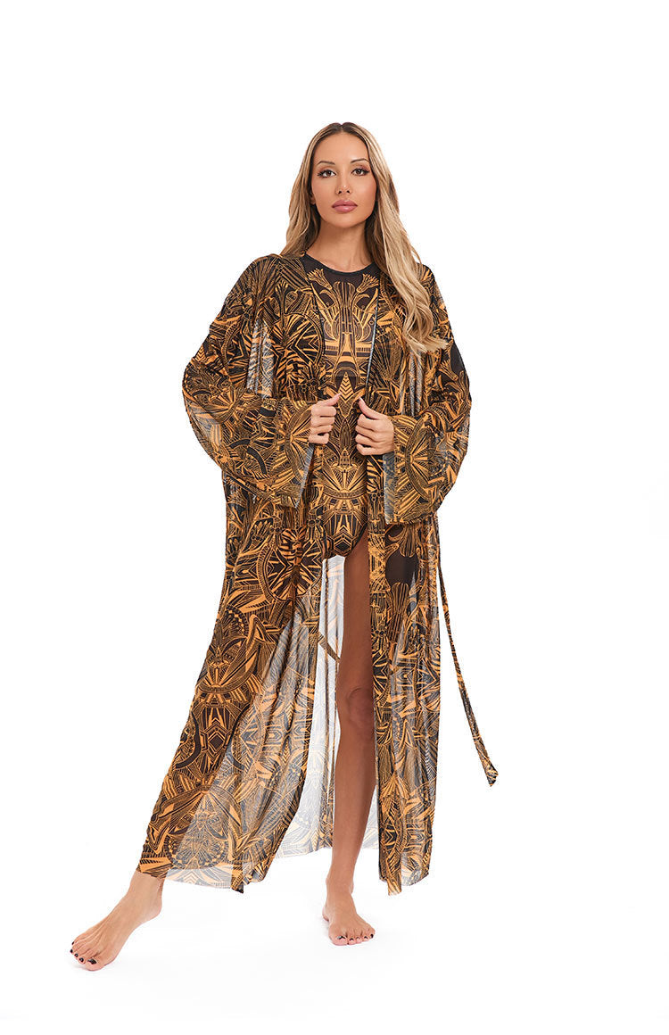 Damen eleganter transparenter Strandkimono mit floralem Design R&B