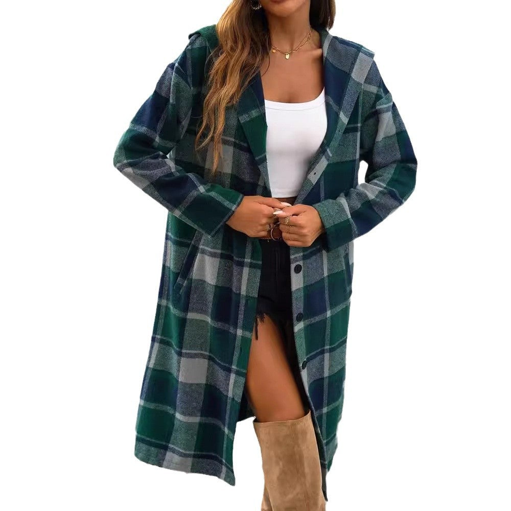 Damen Karomuster Longjacke mit Kapuze R&B
