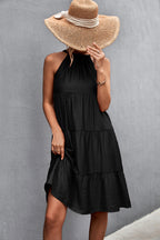 Damen Lässiges Sommerkleid mit hochgeschlossenem Kragen und voluminösem Rock R&B