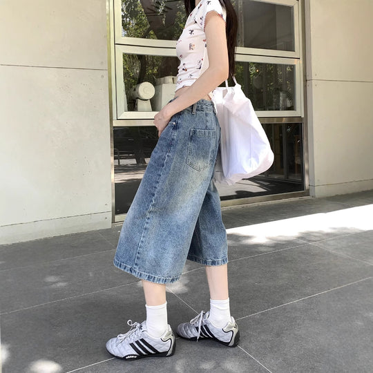 Damen Weite Denim-Culotte-Shorts mit hohem Bund und lässigem Design R&B