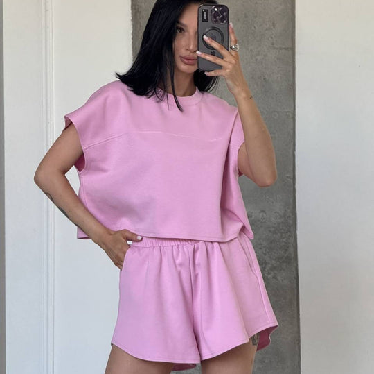 Damen Sportliches Kurzarm-Oberteil und Shorts-Set R&B