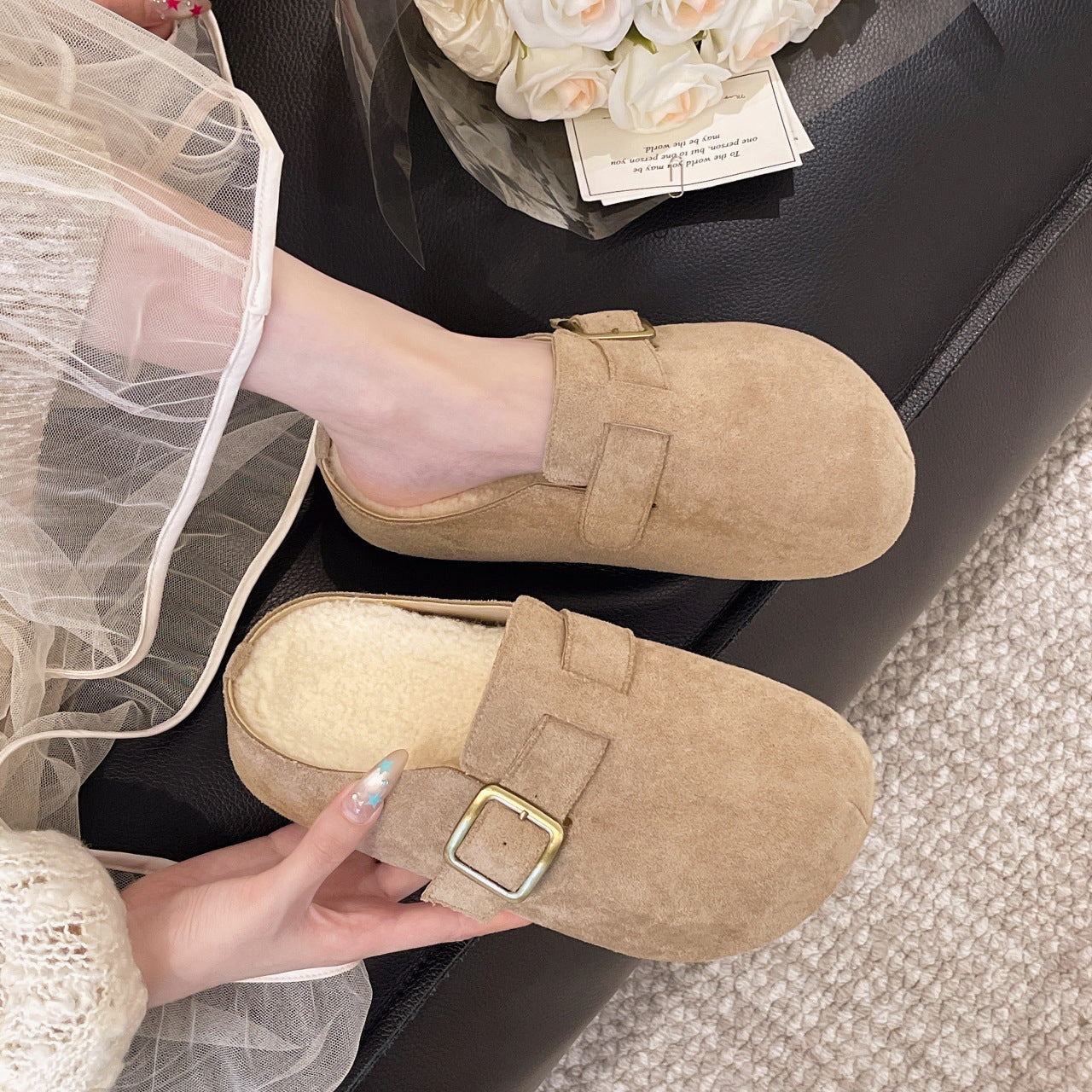 Damen Komfortable Clogs aus weichem Mikrofaser mit Plüschfutter EB