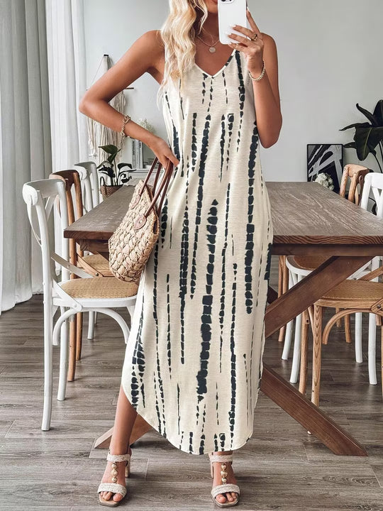 Damen Maxikleid mit feinem V-Ausschnitt und gestreiftem Design R&B